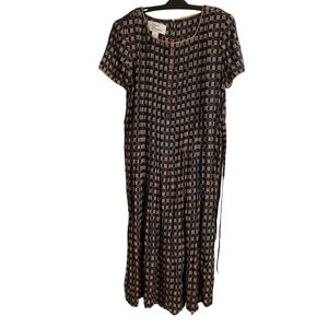 Sarah Elizabeth Womens Midi Dress Size 14 Blue Tan Geometric Pleated  Rayon